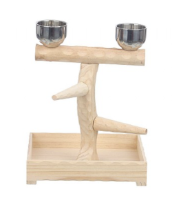 Small Table Top Wood Parrot Stand with Feeding Bowls